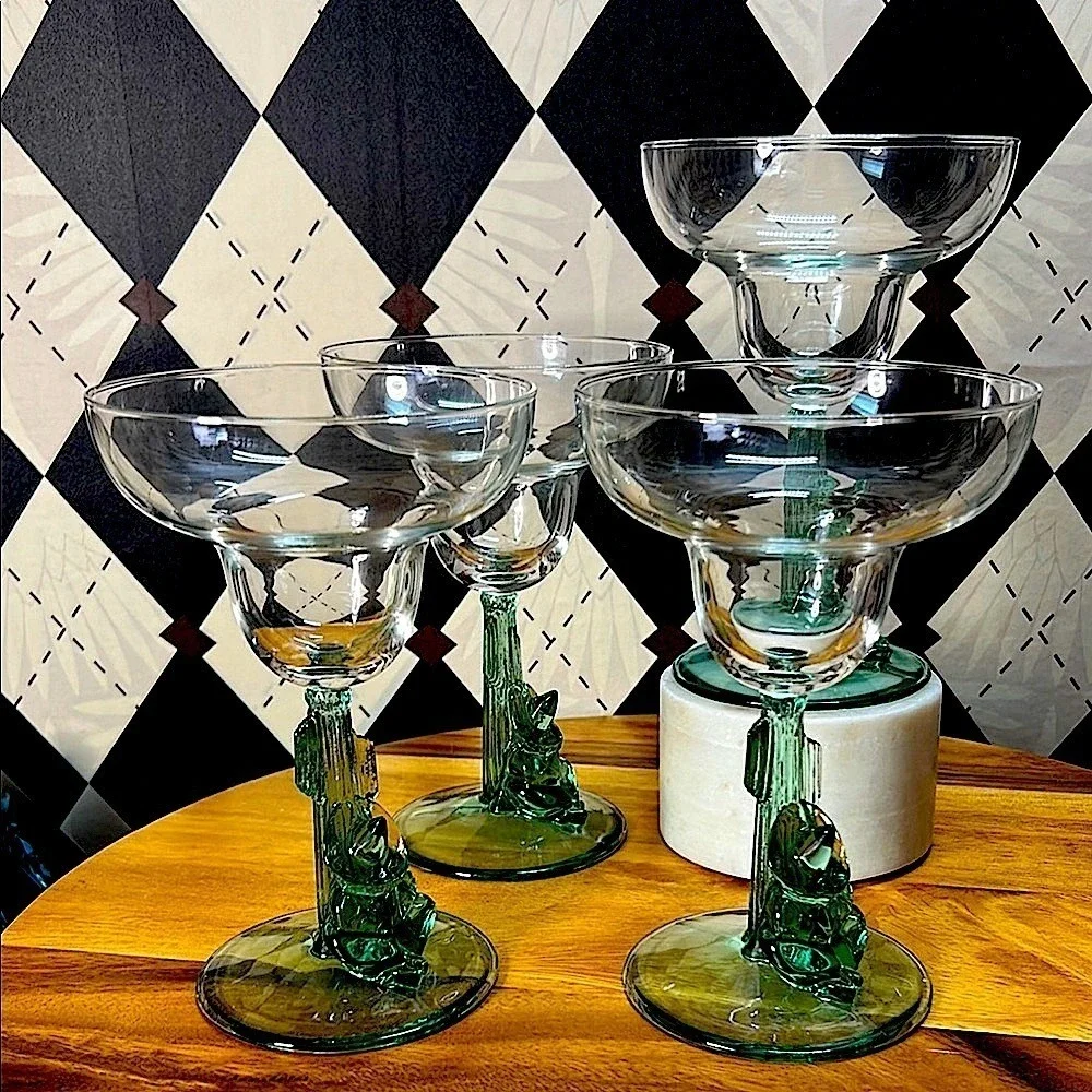 Vintage Set of 4 Durand Cristal D'Arques Siesta Man Margarita Glass| Cactus Stem